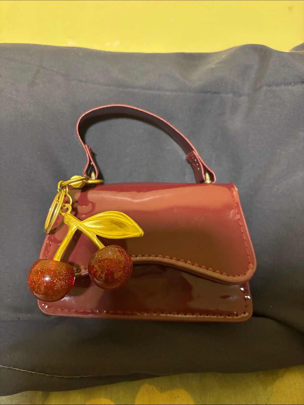 Glossy Patent Mini Top-Handle Bag with Cherry Charm in Deep Red